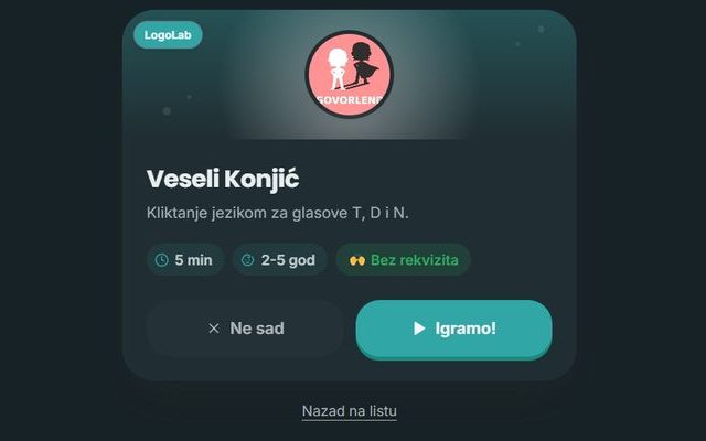 Kartica igre Veseli Konjić u aplikaciji Riznica Igara: 5 minuta, 2 do 5 godina, bez rekvizita