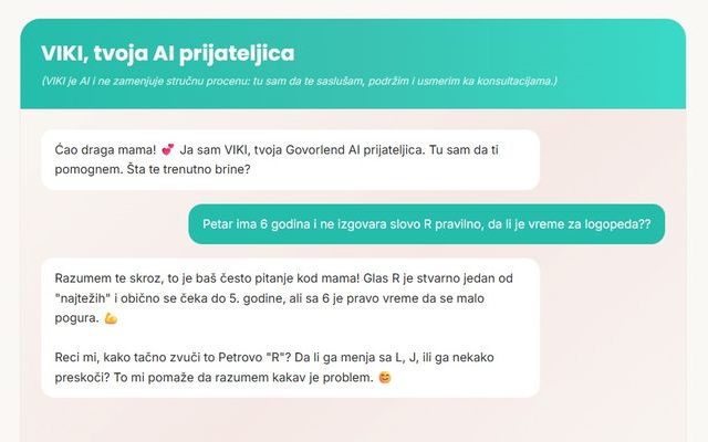 Razgovor sa VIKI, AI prijateljicom, o detetu od šest godina koje ne izgovara glas R